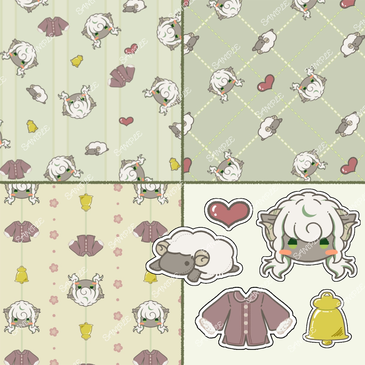キャラ絵とモチーフのパターンイラストをお作りします グッズや作品の背景、バナーなど多岐にご利用いただけます！ イメージ1