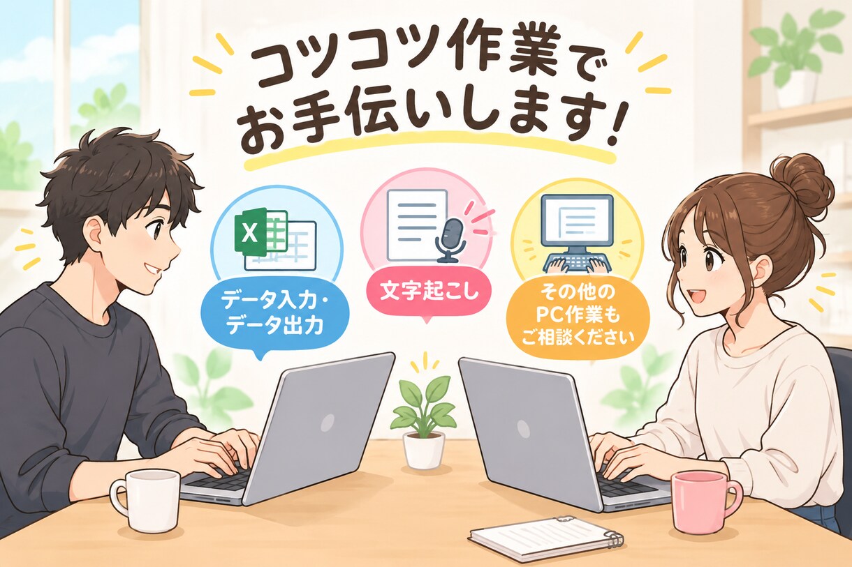 データ入力・出力行います Excel、Wordにて文字起こしやデータ入力等行います。 イメージ1