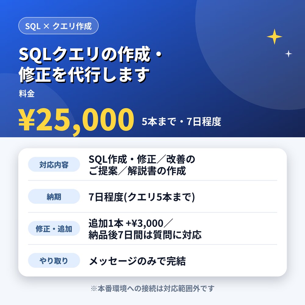 SQLクエリの作成・修正を代行します MySQL・PostgreSQLの実務経験を活かして支援 イメージ3