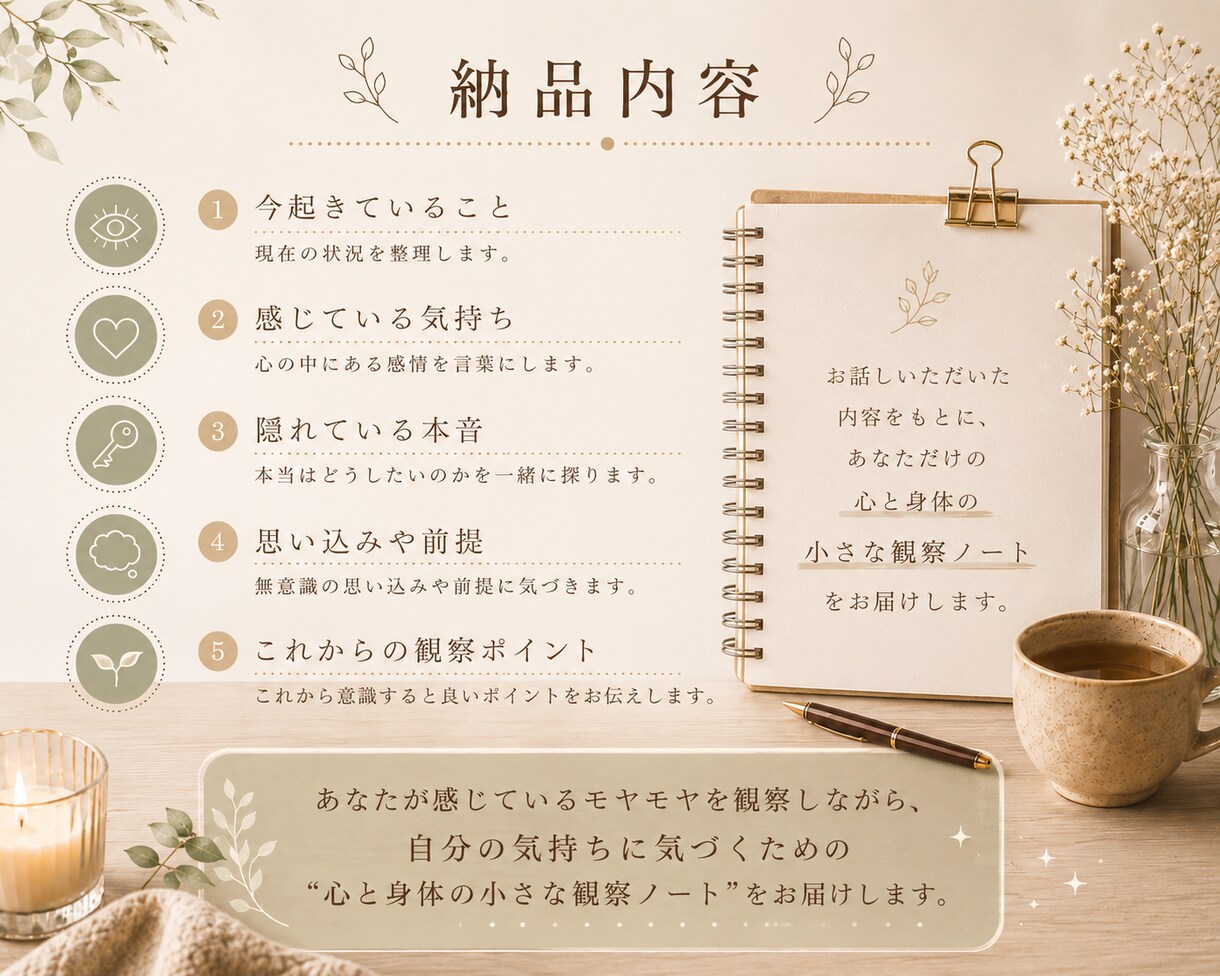 心と身体の観察ノートでモヤモヤを整理します 言葉にならない気持ちを観察し、頭の中のモヤモヤを翻訳します。 イメージ4