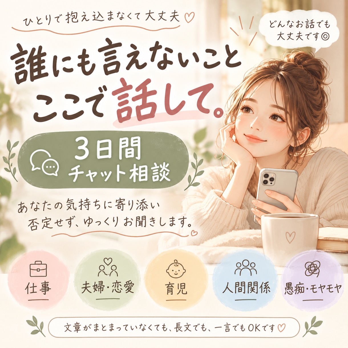 誰にも言えない本音モヤモヤをチャットでお聞きします 仕事・夫婦・育児・人間関係｜あなた専用の話せる場所になります イメージ1
