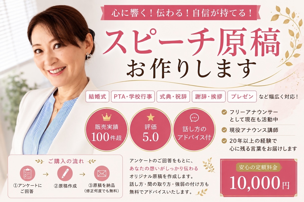 現役アナ・講師が心に響くスピーチ原稿を作ります 結婚式・式典・PTA挨拶等幅広く対応。話し方アドバイス付き イメージ1
