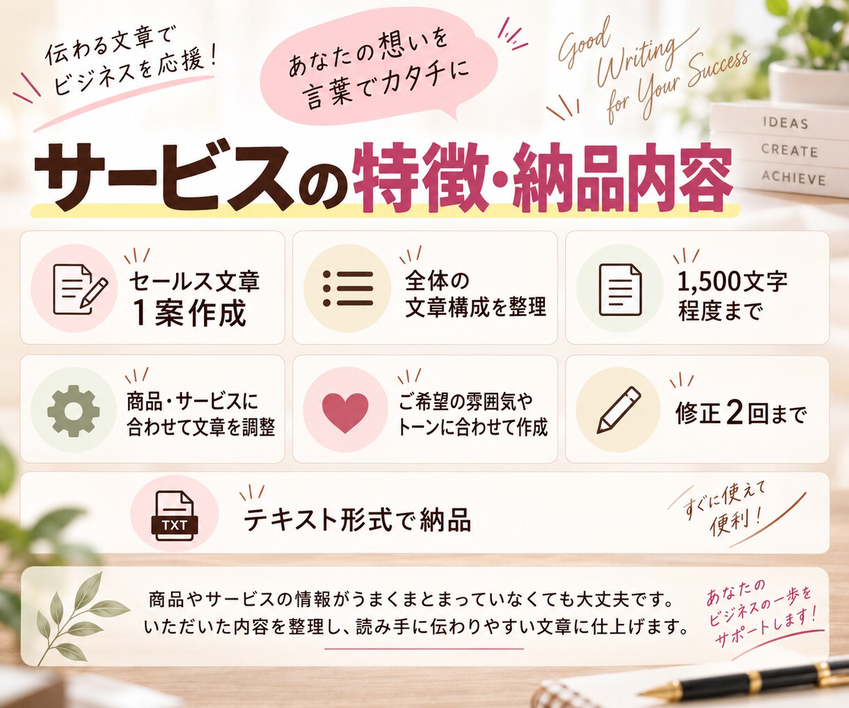 商品・サービスのセールス文章を作成します 商品の魅力を整理し、購入・申込みにつながる流れで作成します イメージ3