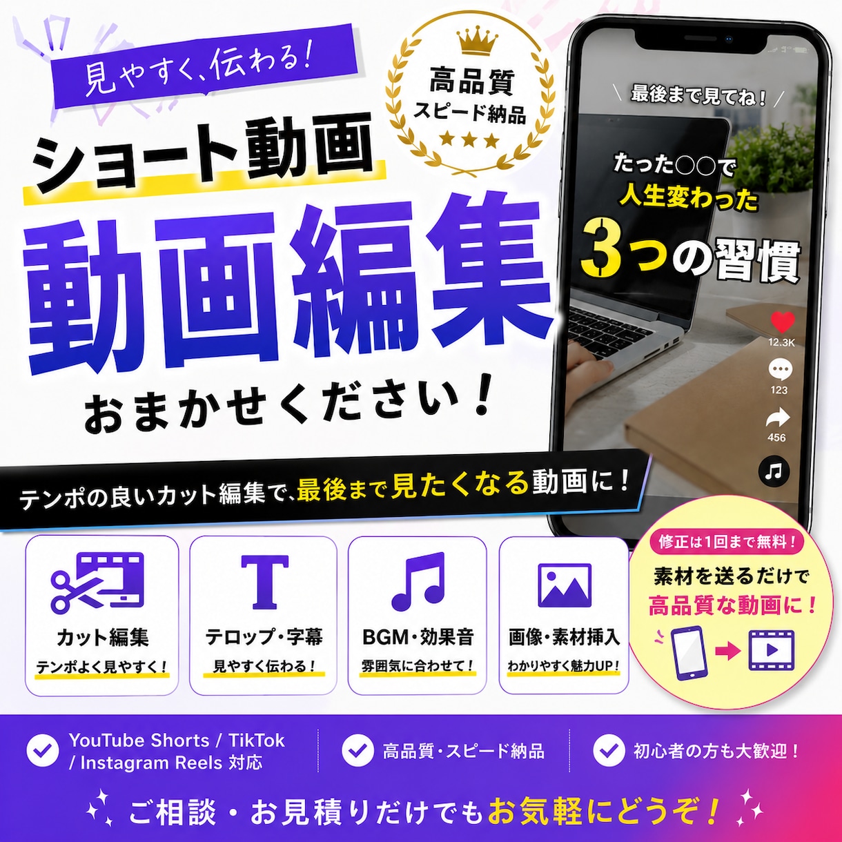 テンポの良い動画作ります YouTubeショート、TikTok、リール動画など！縦型 イメージ1