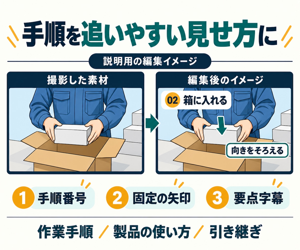 手順が伝わるマニュアル・研修動画を編集します 製造・物流の現場経験を活かし、説明メモから動画へ イメージ2