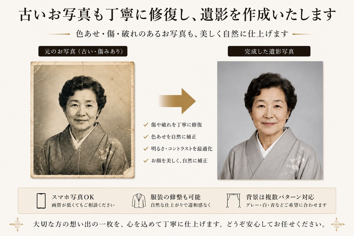 写真1枚から自然でその方らしい遺影写真を作成します 遺影制作3万点以上｜20年以上の経験で丁寧に仕上げます イメージ4