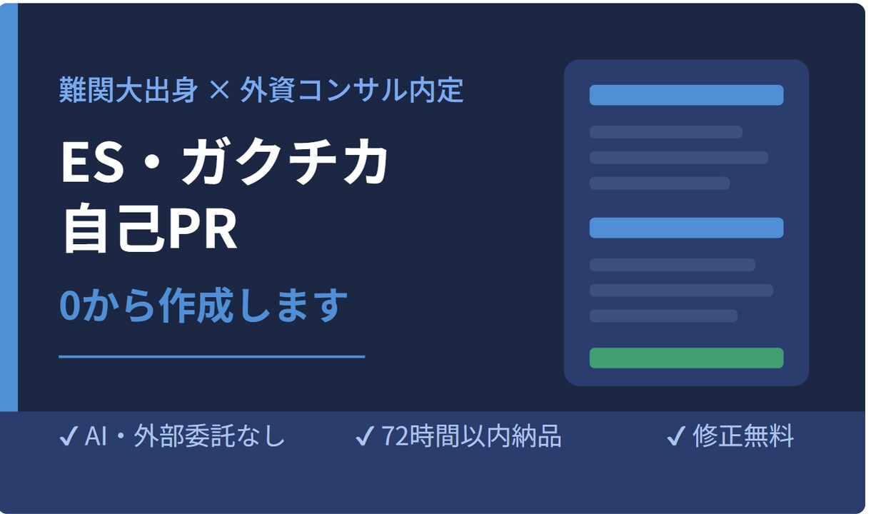 ESにおける【ガクチカ／自己PR作成】を行います 難関大出身・外資コンサル内定者が0から丁寧に作成します イメージ1