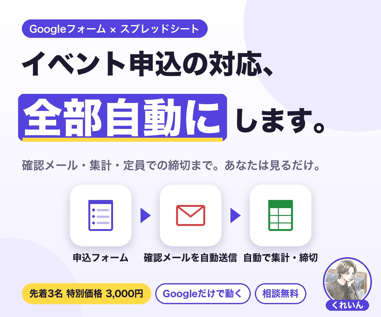 Googleフォームの申込受付と返信を自動化します 小さなイベント主催者へ。定員締切・集計までノーコードで運用 イメージ1
