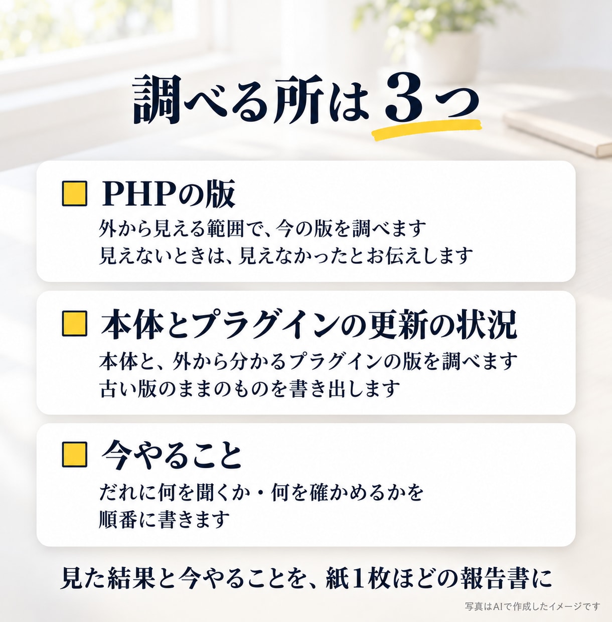 WordPressのPHPの版・更新状況を調べます 外から見える範囲で調べます｜パスワードは不要｜今やる事順番に イメージ2