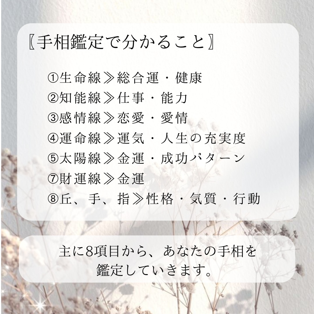 手相占い★手相からあなたの運命を占います ボリューム鑑定８項目★運気上昇アドバイスもしっかり伝えます！ イメージ2