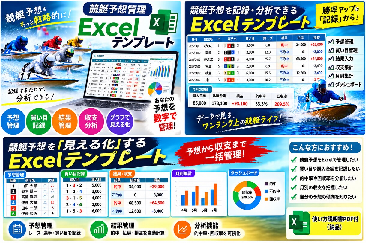 競艇予想を記録・分析できるExcelをお渡しします 競艇予想をExcelで記録・分析できます イメージ1