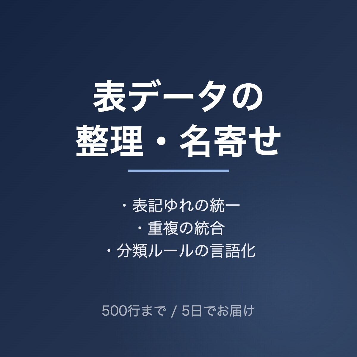 表データの整理・分類・名寄せをします 表記ゆれの統一と重複の統合。判断に迷った行は必ずご確認します イメージ1