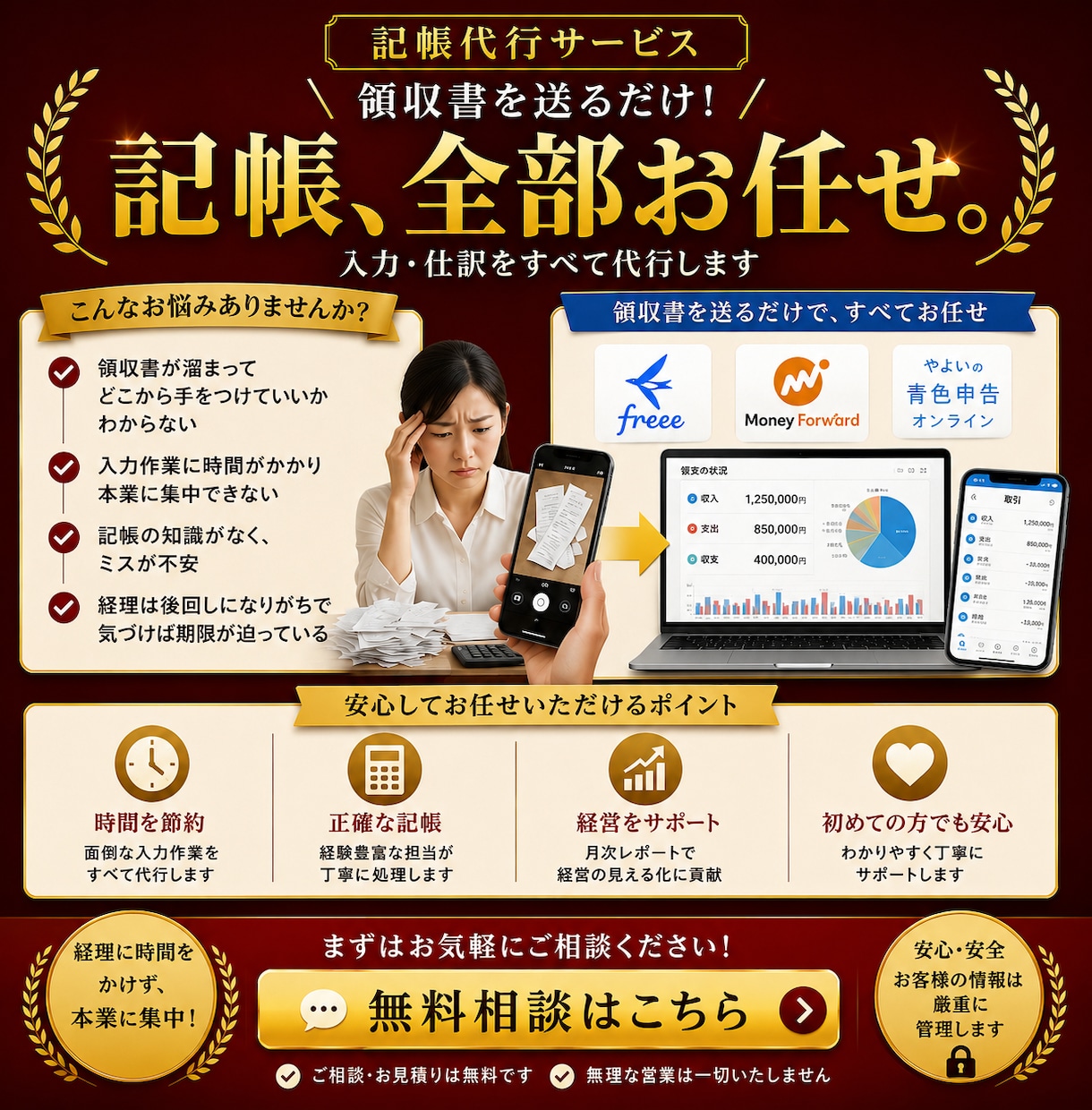 記帳代行｜仕訳無制限クラウド経理対応します 写真を送るだけ。記帳は全部お任せください。 イメージ1