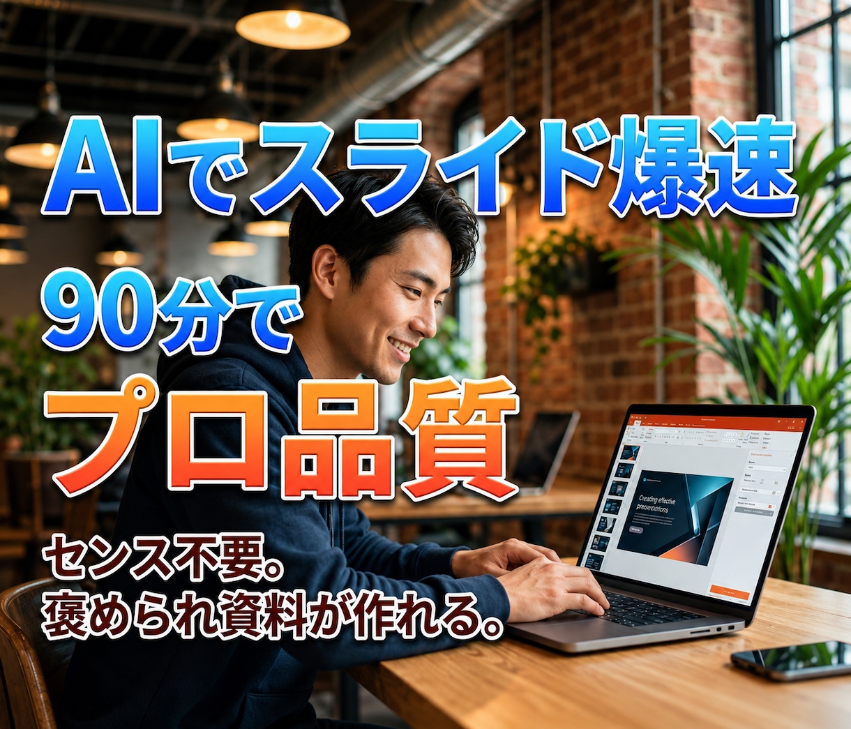 プレゼン・資料作成：AIで爆速作成できます 構成・文章・スライド化までAIにおまかせ。90分で仕上げます イメージ1