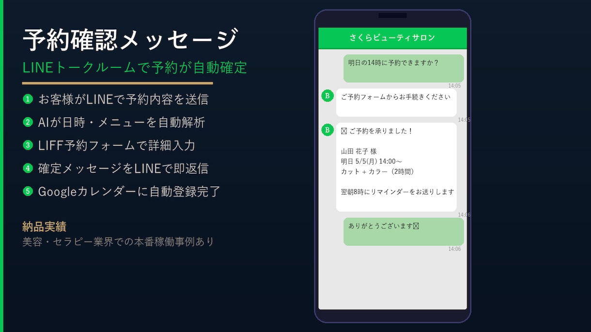 LINE予約+GCal+自動リマインダー構築します 美容室・サロン向けLINE予約完全自動化 イメージ2