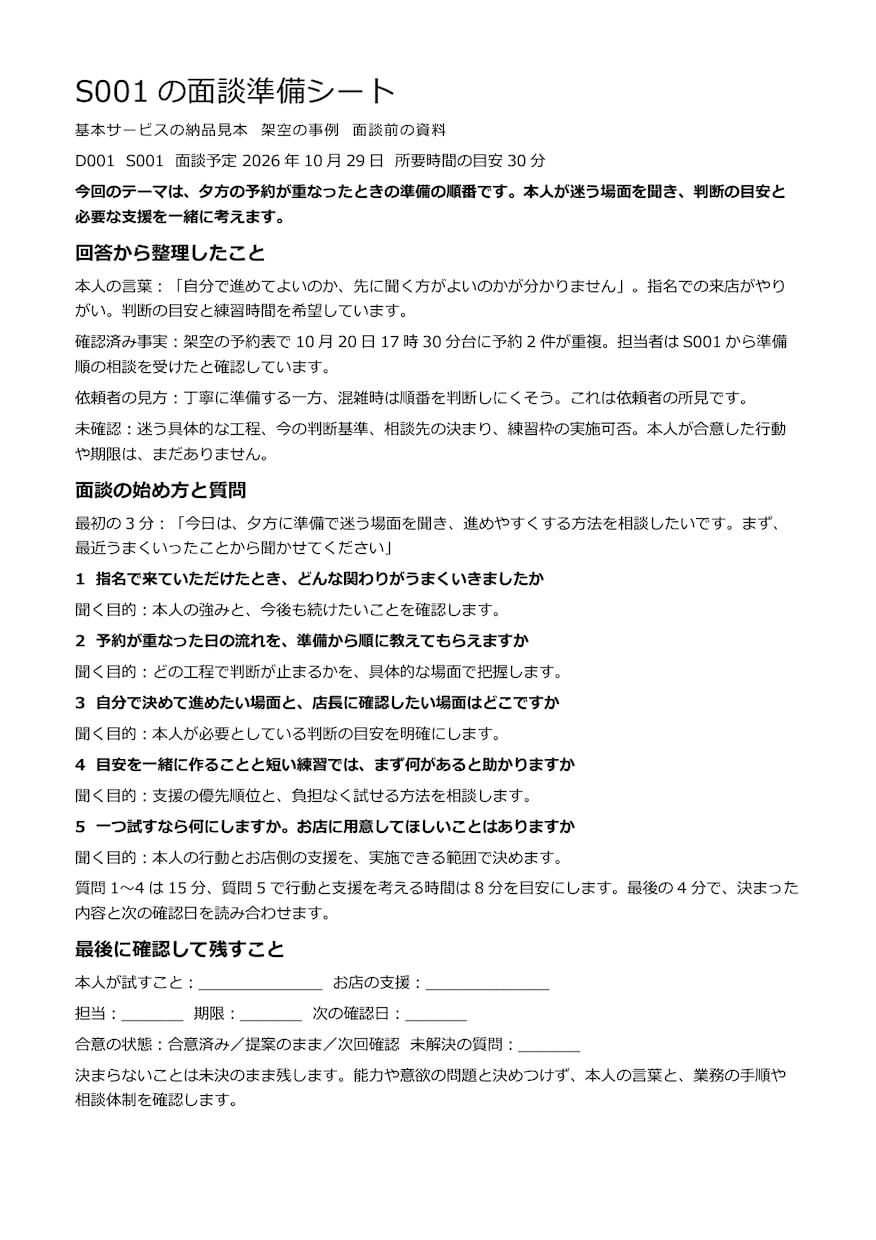 スタッフ面談の質問と記録シートを作ります 何を聞くか、どう進めるかを整理。次の行動まで残せます イメージ4