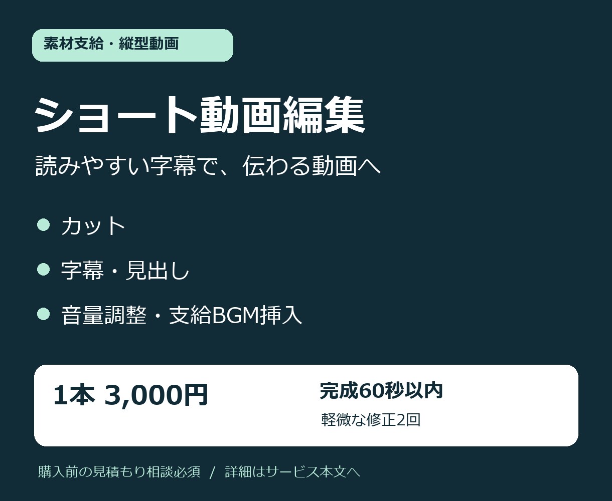 字幕付きのショート動画を編集します 素材支給で、カット・字幕・音量調整まで丁寧に イメージ1