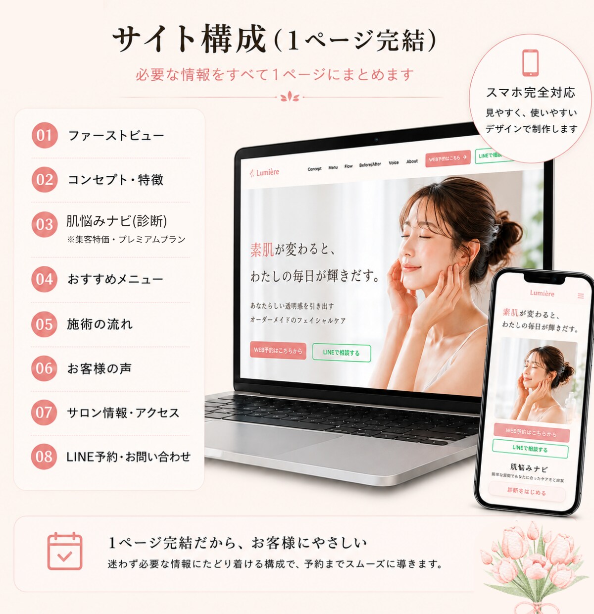 サロン専門｜肌悩み診断つきWebサイトを制作します 診断から予約まで迷わない導線を設計します イメージ3