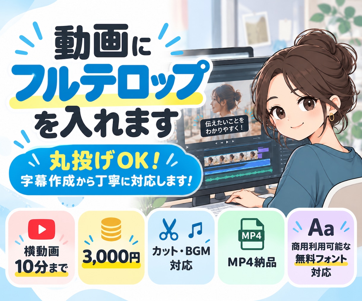 動画にフルテロップを入れます 丸投げOK！字幕作成から丁寧に対応します！ イメージ1