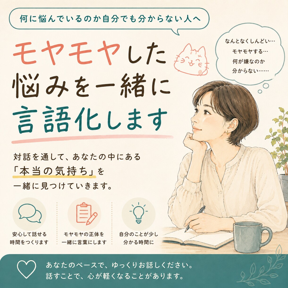 モヤモヤした悩みを一緒に言語化します 何に悩んでいるか分からない方も頭の中がスッキリします イメージ1