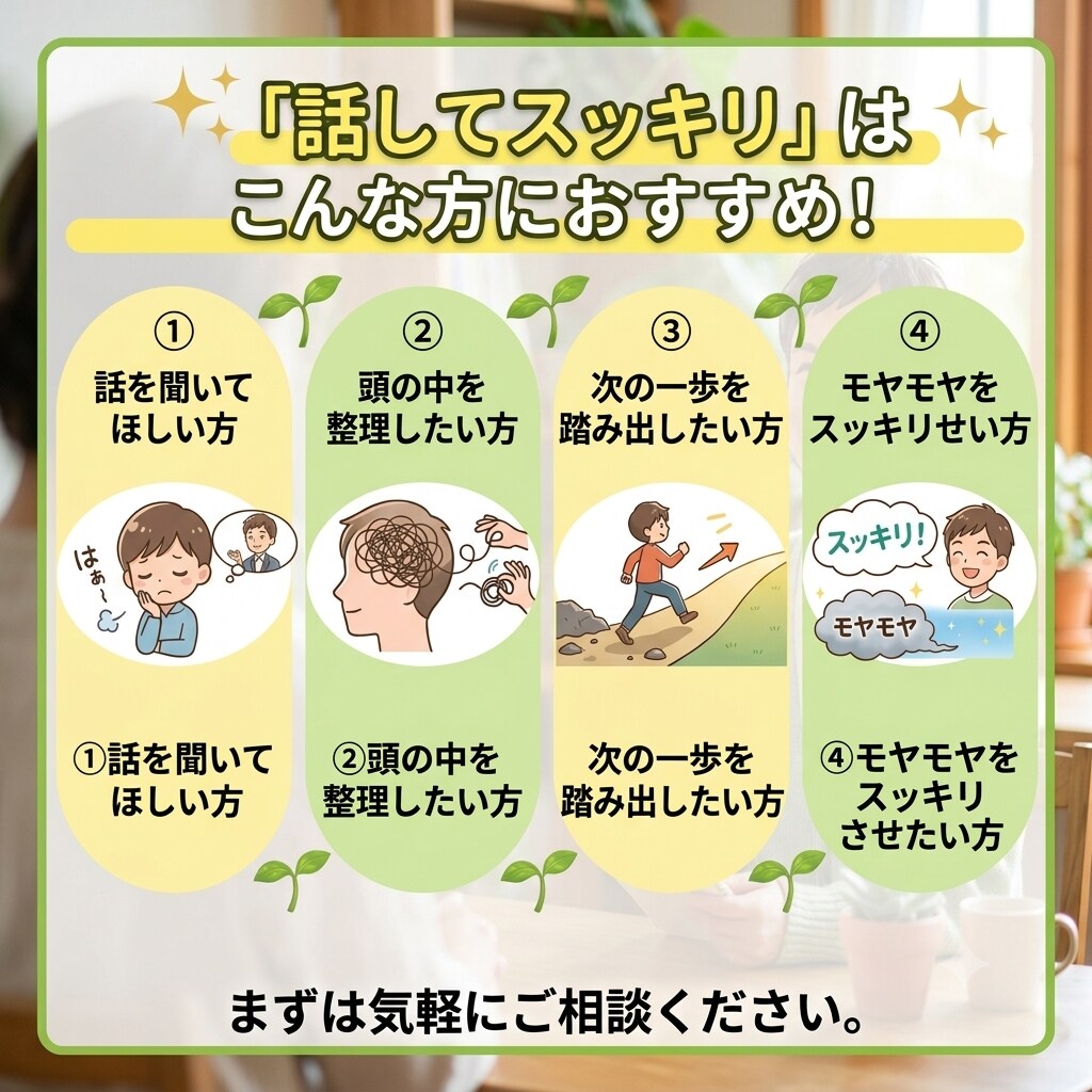 あなたのお悩みじっくりお聞きします 考えすぎて動けないあなたへ。小さな一歩を一緒に見つけます イメージ3