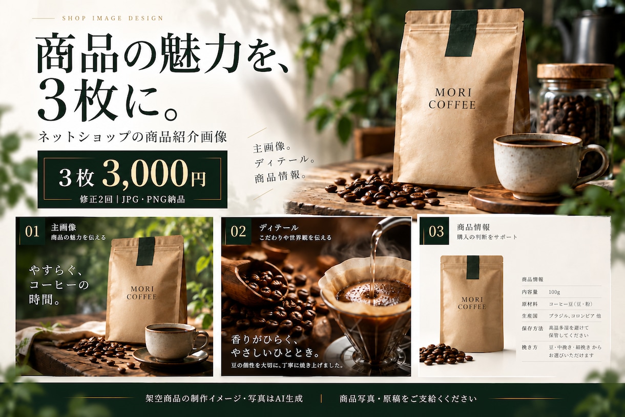 ネットショップの商品紹介画像を3枚制作します 主画像・特徴・商品情報を、統一感あるデザインに イメージ1