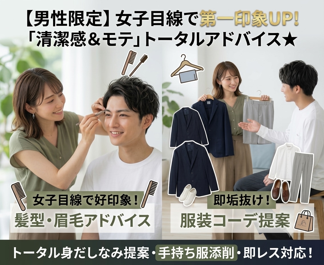 男性限定⭐︎女子目線で第一印象UP！します 服・髪型・眉毛・美容まで「清潔感＆モテ」トータルアドバイス★ イメージ1