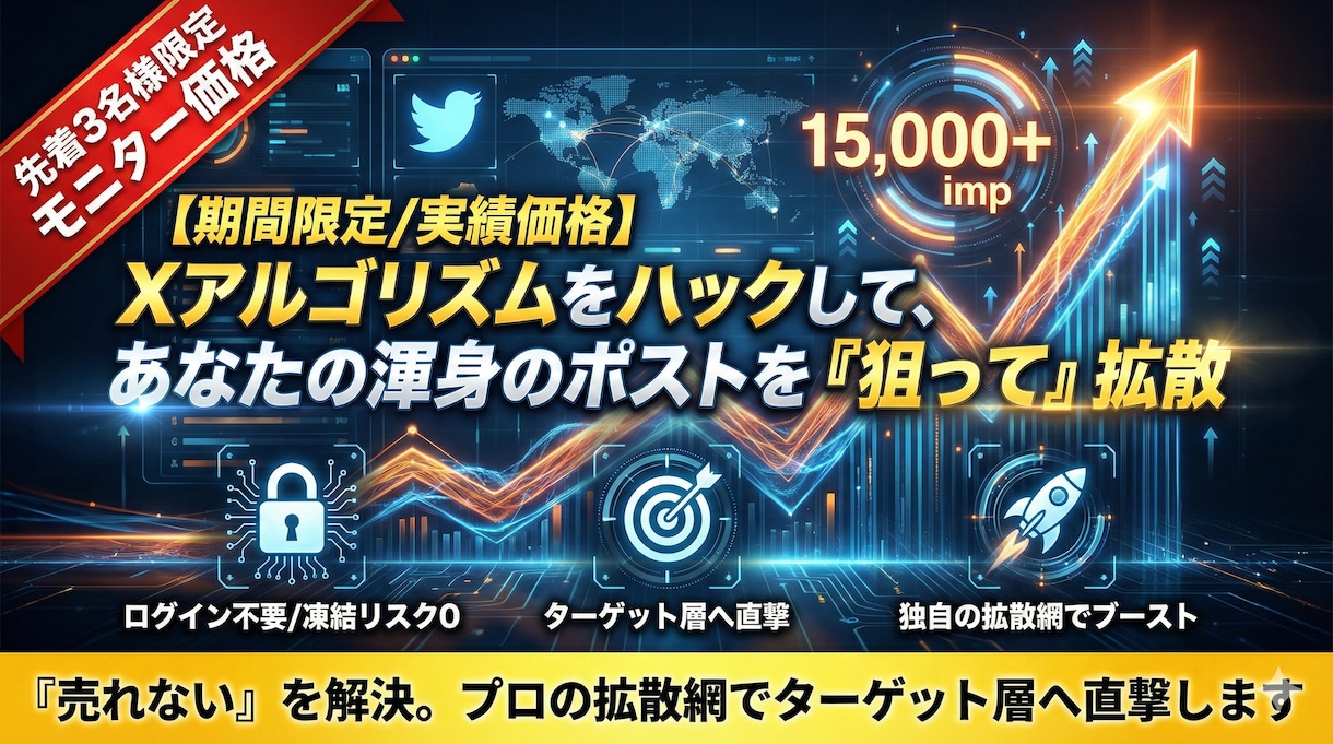 3名/実績価格】渾身のXポストを狙って拡散します ログイン不要で安全。狙った層へ戦略的に認知を広げ続けます イメージ1