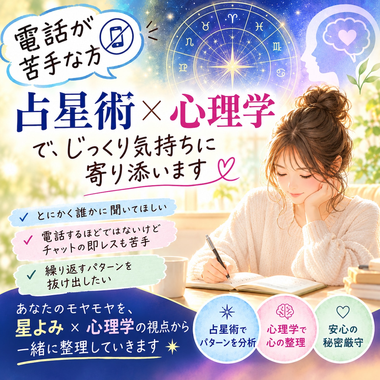電話が苦手な方✉　星よみと心理学で寄り添います 言葉にならない気持ちも、大丈夫。あなただけの相談室です。 イメージ1