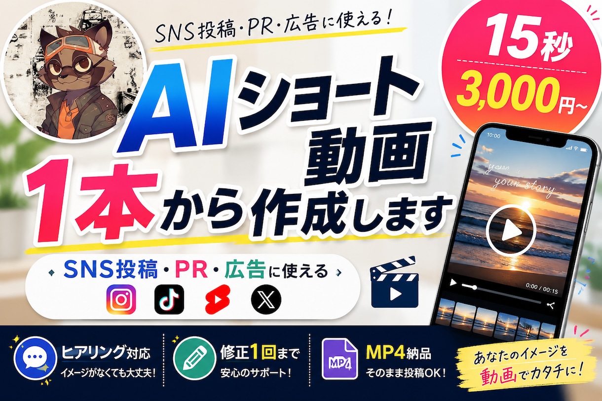AIショート動画を15秒3,000円で作成します SNS投稿・広告・PRに使えるAI動画を1本から制作します イメージ1