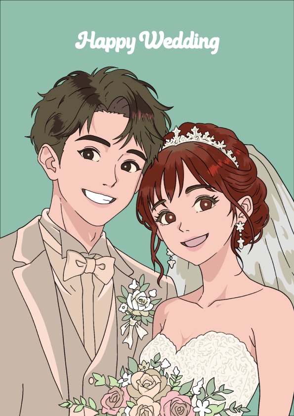 似顔絵ウェルカムボードを結婚式用に描きます 写真から描く手描き似顔絵！名前・日付の文字入れ無料 イメージ1