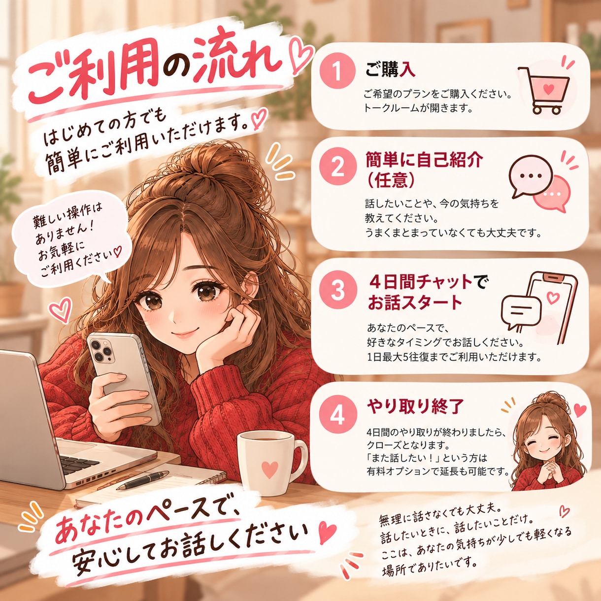 誰にも言えない「もうしんどい」を4日間聞きます 繋がりがないから、気をつかわなくていい。 イメージ4