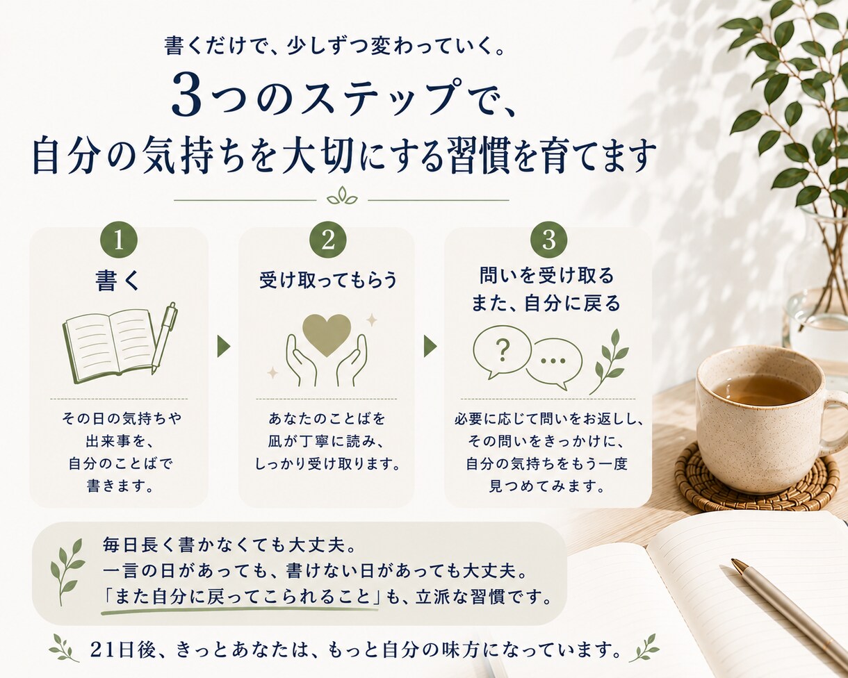 自分の気持ちを大切にする習慣を育てます 書くことで、自分の気持ちに戻れる毎日へ。 イメージ3