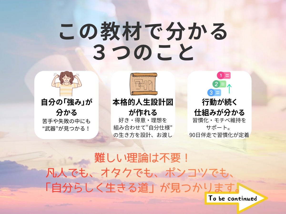 90日伴走プログラム：あなたの人生設計致します 90日で人生を上向けるあなた専用の人生再設計を丁寧に支えます イメージ5