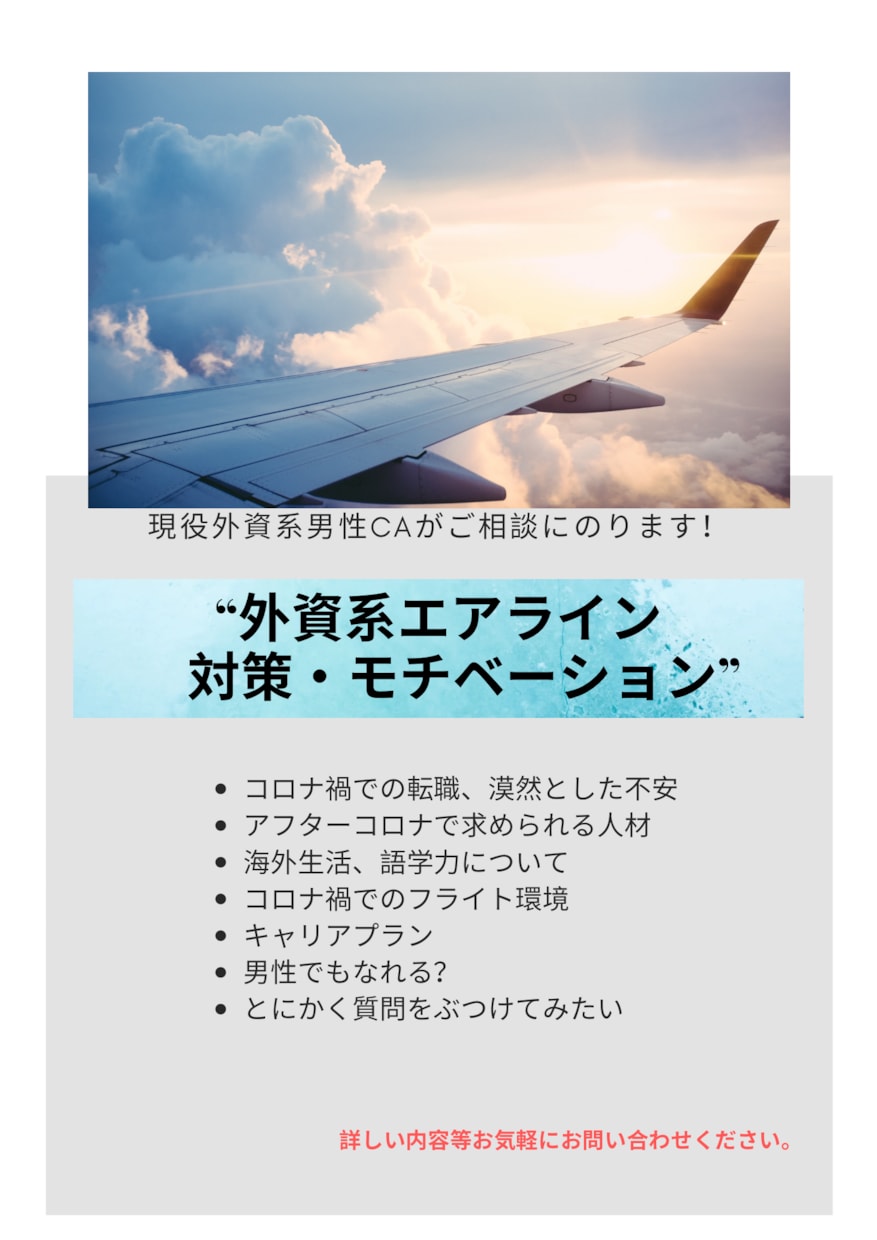 現役外資系男性客室乗務員がご相談のります 男性でも客室乗務員目指し、世界へ羽ばたきましょう！ イメージ1