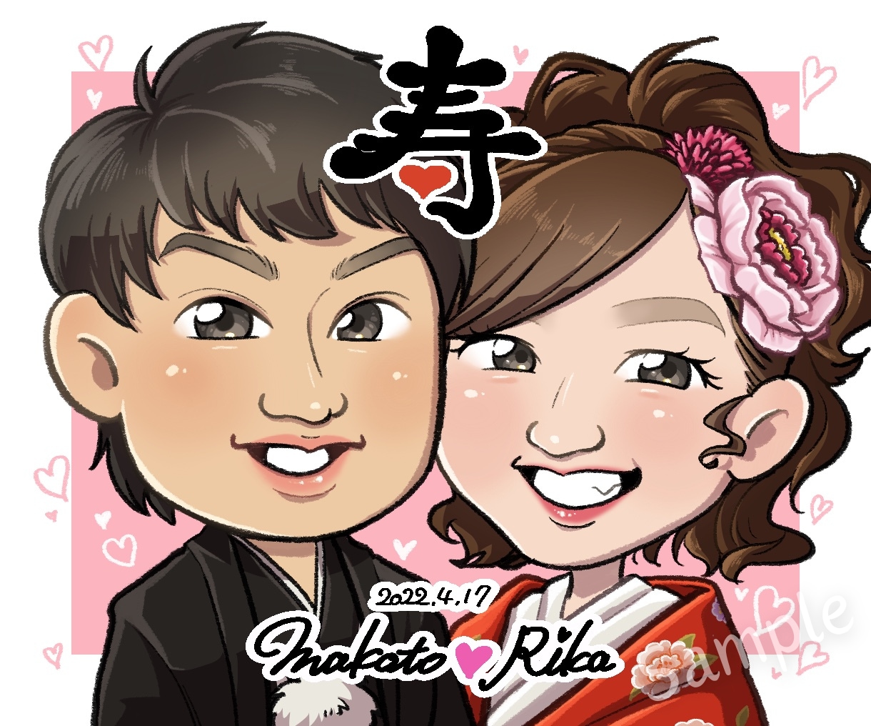 プレゼントに！2名様〜ポップな似顔絵お描きします 結婚式、誕生日、還暦、古希、喜寿、米寿、記念日のお祝いに♪ イメージ3