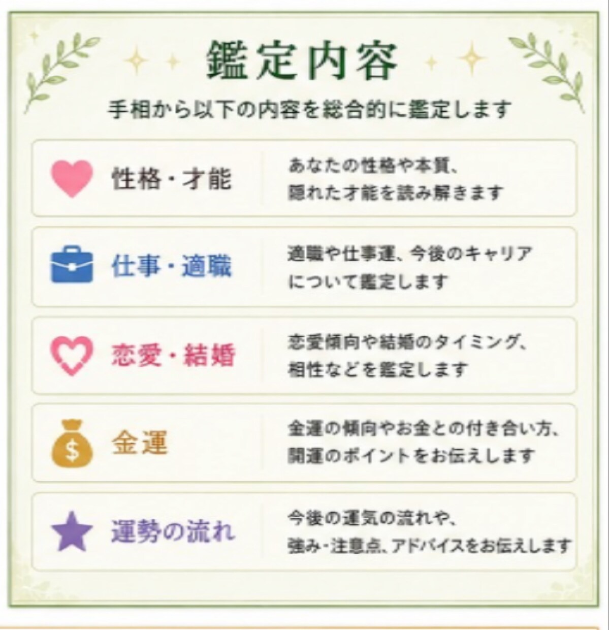 手のひらの写真2枚で本格手相鑑定します 性格・仕事・恋愛・金運を丁寧に鑑定 イメージ3