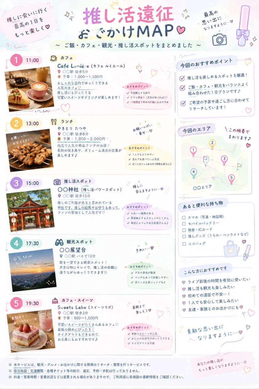 推し活遠征のご飯・観光スポットをリサーチします 遠征先のおすすめスポットを探します！ イメージ1
