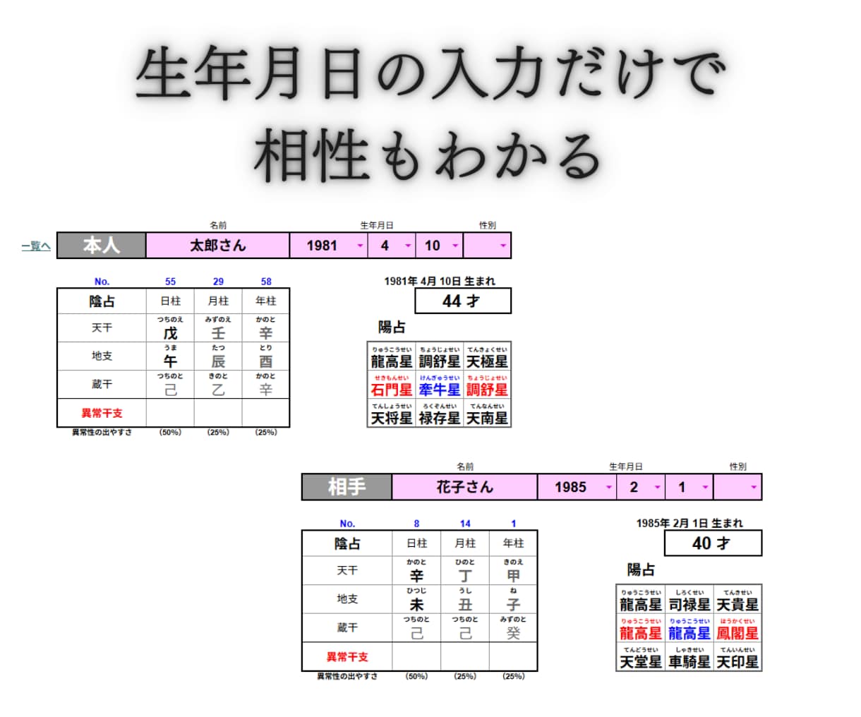 算命学自動鑑定ツールで誰でも簡単に本格占いできます 難しい解説一切なし。生年月日と性別で自動命式＋相性も分かる。 イメージ2