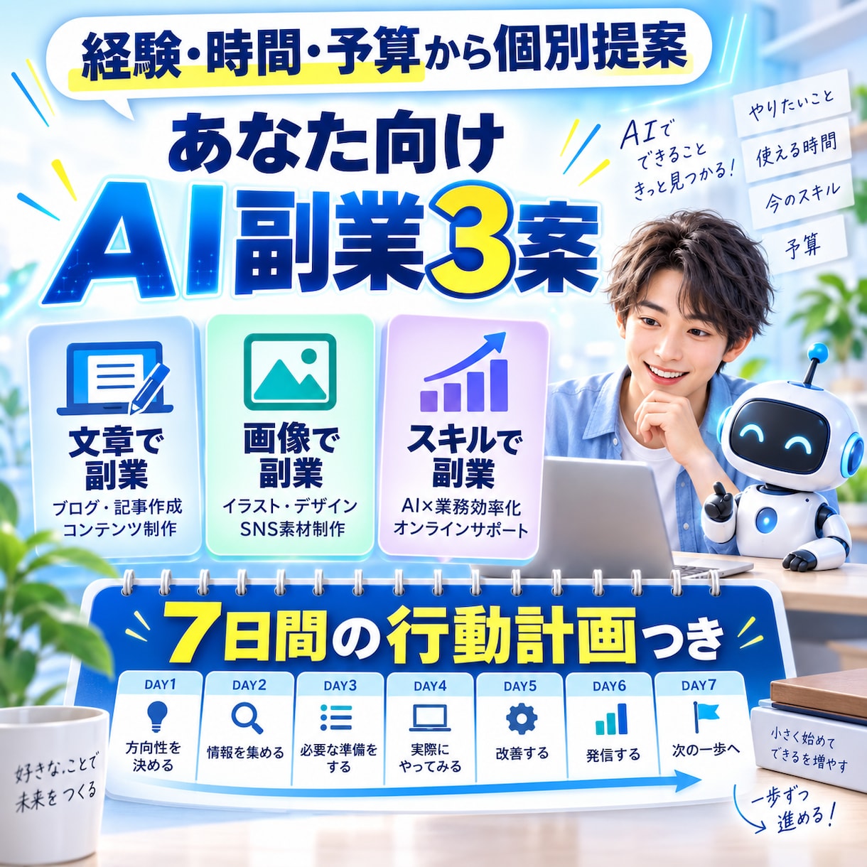 あなた向けAI副業3案と7日計画を作ります 経験・時間・予算から無理のない副業候補を整理 イメージ1