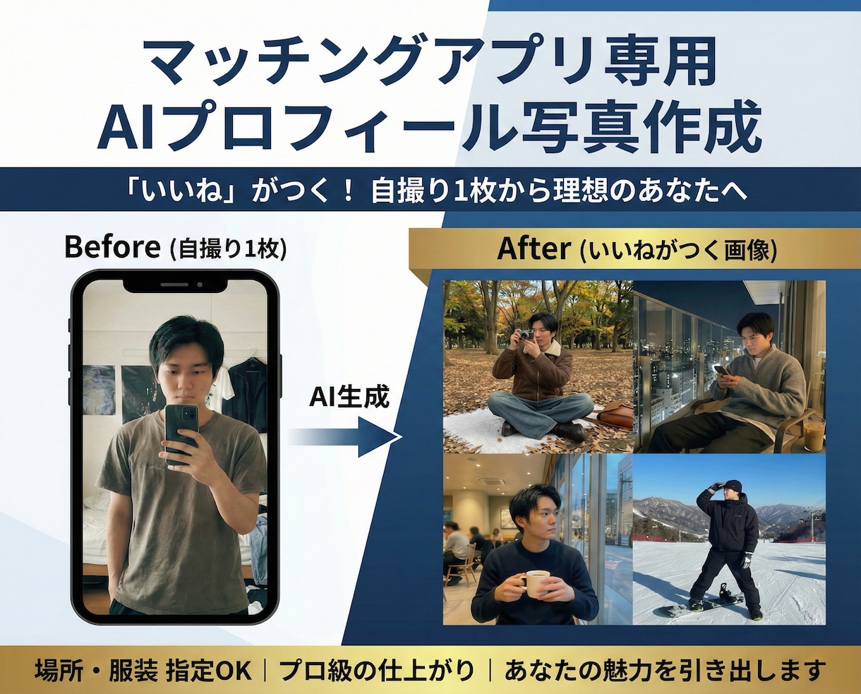 マッチングアプリのプロフィール画像を作成します 本人様の写真から、いいねが伸びやすいAI写真を作成！！ イメージ1