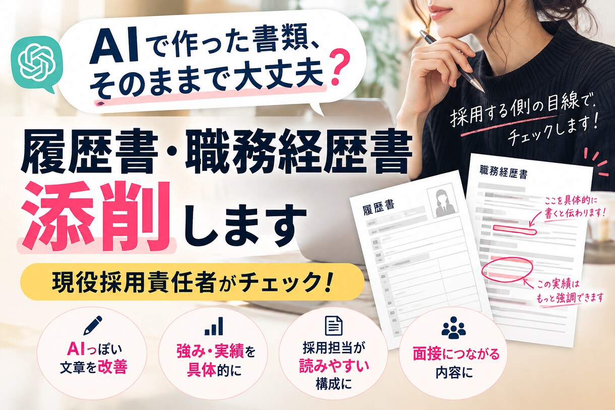 AI作成の履歴書・職務経歴書、採用目線で添削します そのままで大丈夫？現役採用責任者が応募書類をチェック！ イメージ1