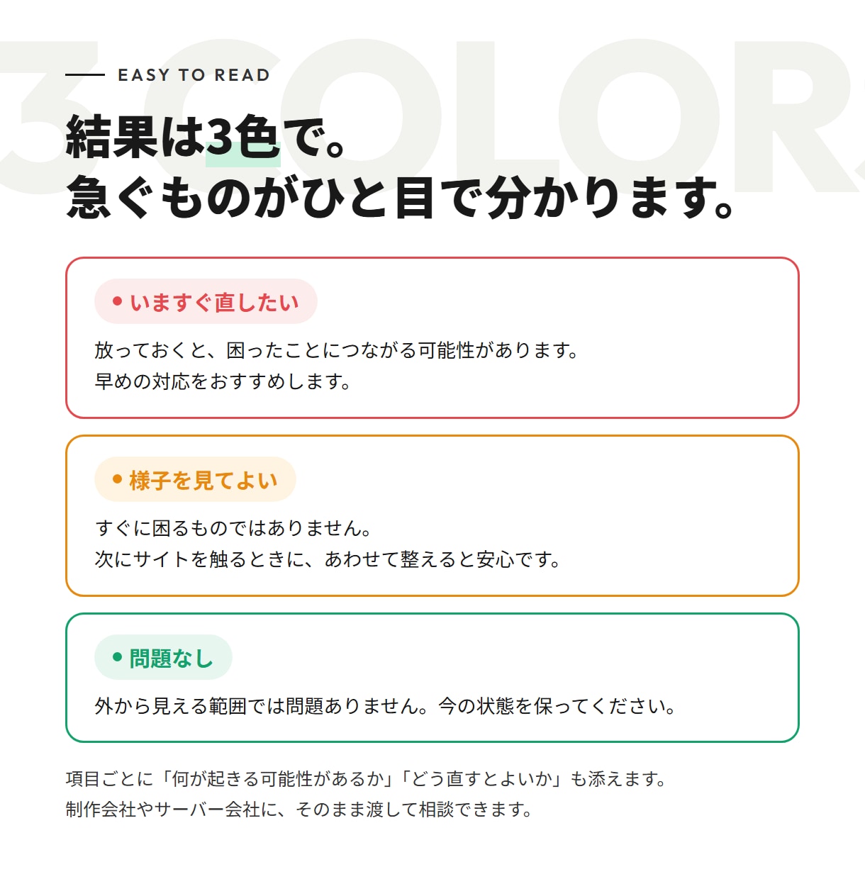 ホームページの安全を外から点検し報告書にします ログイン不要。8項目を3色で、専門用語なしのPDF報告書 イメージ3