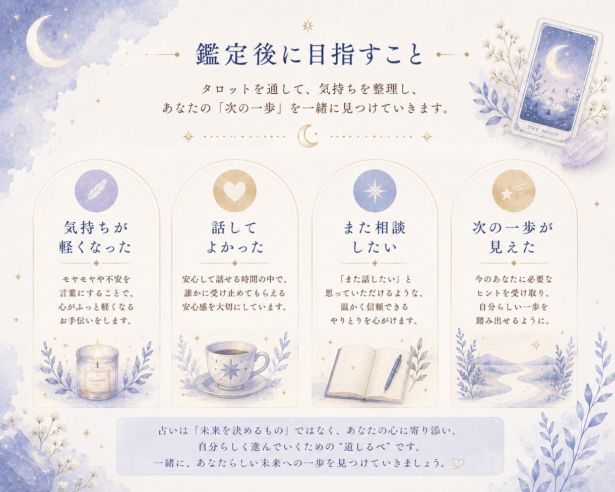 タロットを通して次の一歩を探すお手伝いをします 結果を伝えるだけでなく一緒に考える鑑定です イメージ4