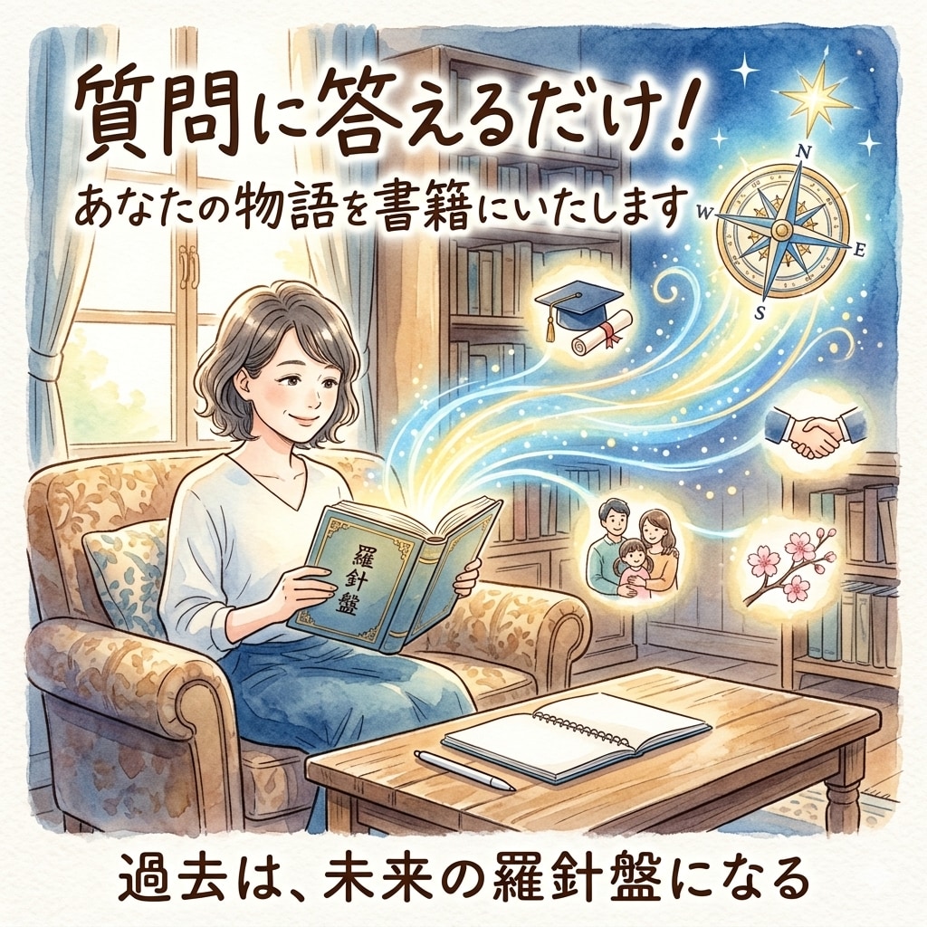 質問に答えるだけ！あなたの物語を書籍にいたします 過去は、未来の羅針盤になる。あなたの半生を「一冊の物語」に。 イメージ1