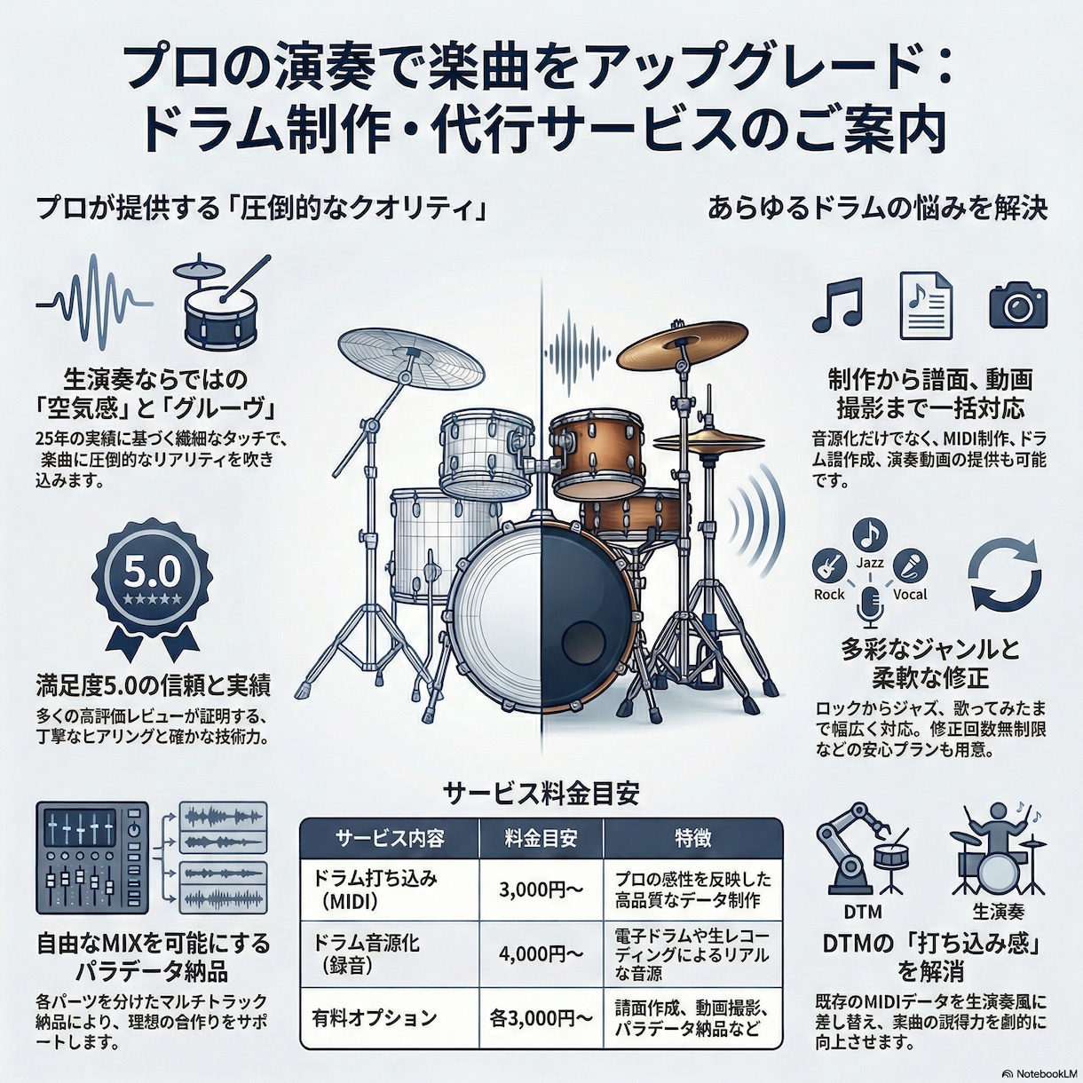 オリジナルからコピーまでドラムの悩み全て解決します ◇ドラム音源化、MIDI製作、譜面起こし等、お気軽にどうぞ！ イメージ2