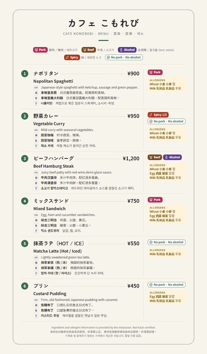 飲食店メニューを英・中・韓の4表記で作成します 12月末まで開始記念価格！豚肉・アレルギーもマーク表示 イメージ5