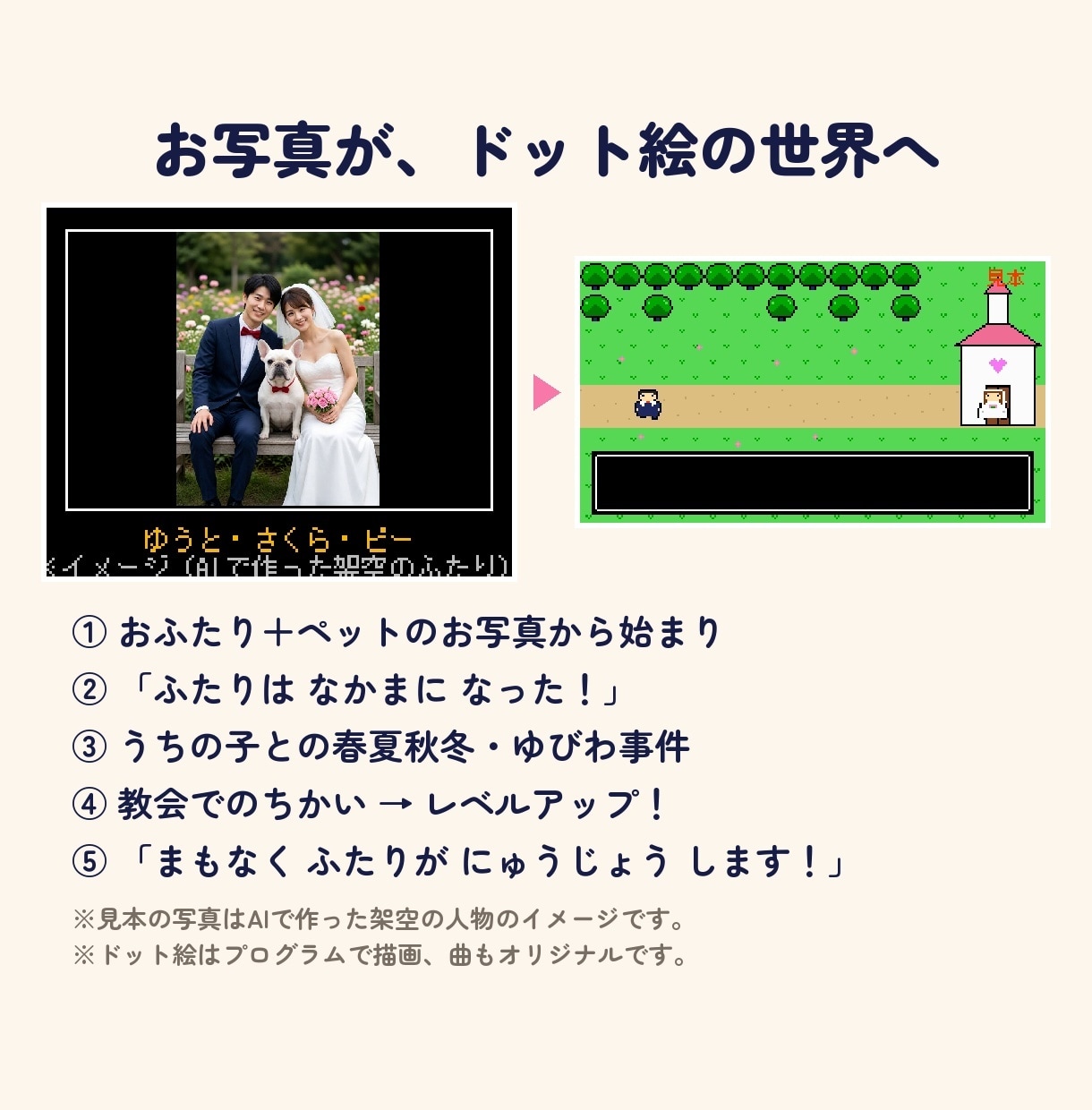 うちの子も出演！ゲーム風の結婚式ムービー作ります ペットと暮らすおふたりへ。お写真がドット絵のRPGに！ イメージ2