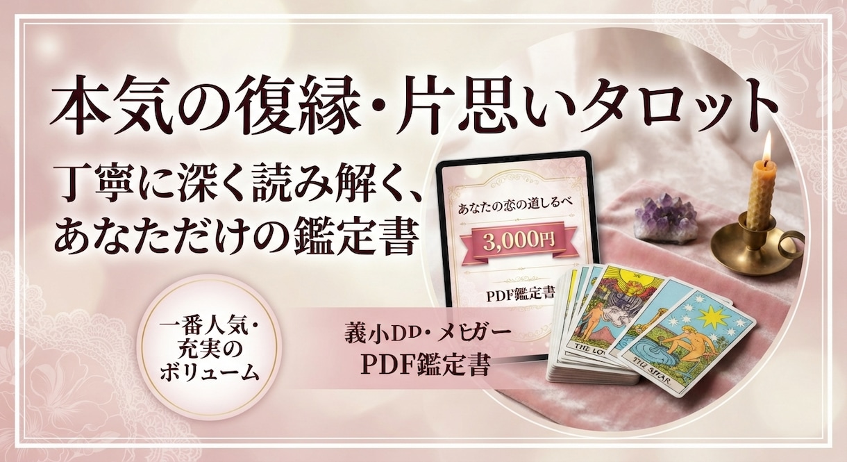 彼の本音と二人の未来を深く占う恋愛タロットます 丁寧なオリジナル鑑定書付きの一番人気プランです イメージ1