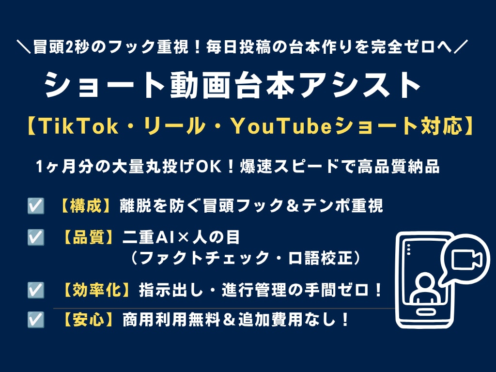 ショート動画台本アシスト｜短尺台本20本作成します 【一番人気・20本】1ヶ月分のまとめ発注！指示管理コストゼロ イメージ1